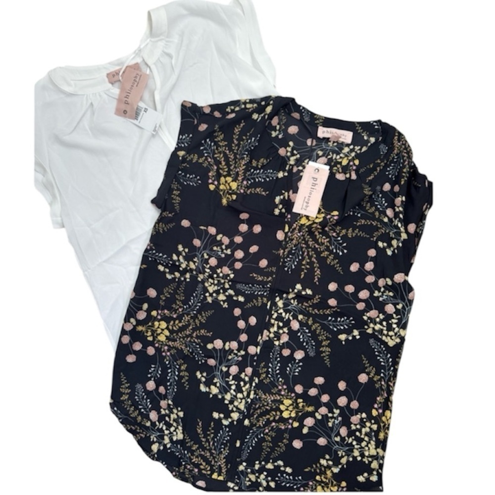 Philosophy Clothing Womens Blouses Size XS Black Floral White V Neck Set Of 2